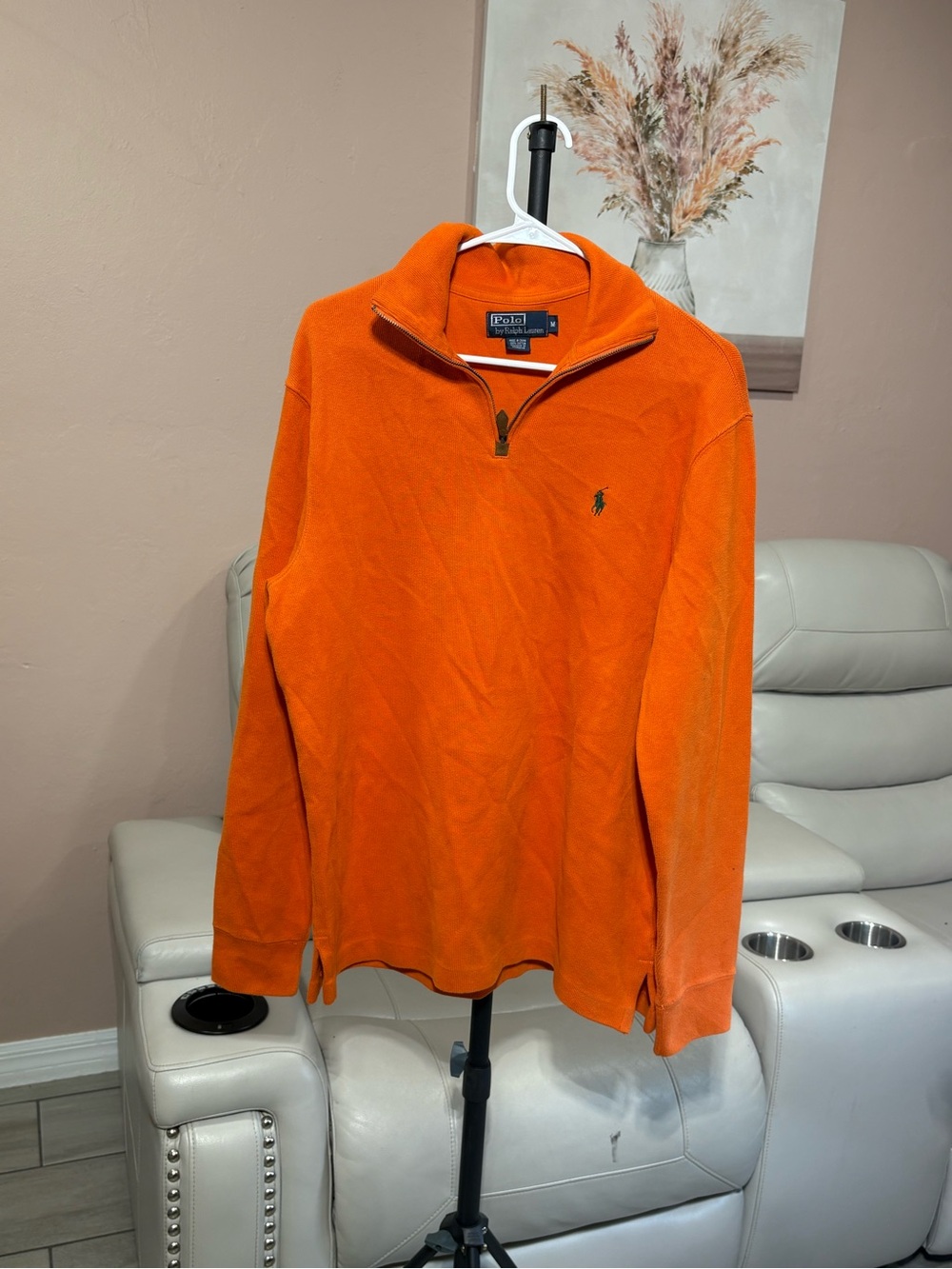 Ralph Lauren Sweater Mens Medium Orange Pony 1/4 Zip Up Pullover Sweatshirt